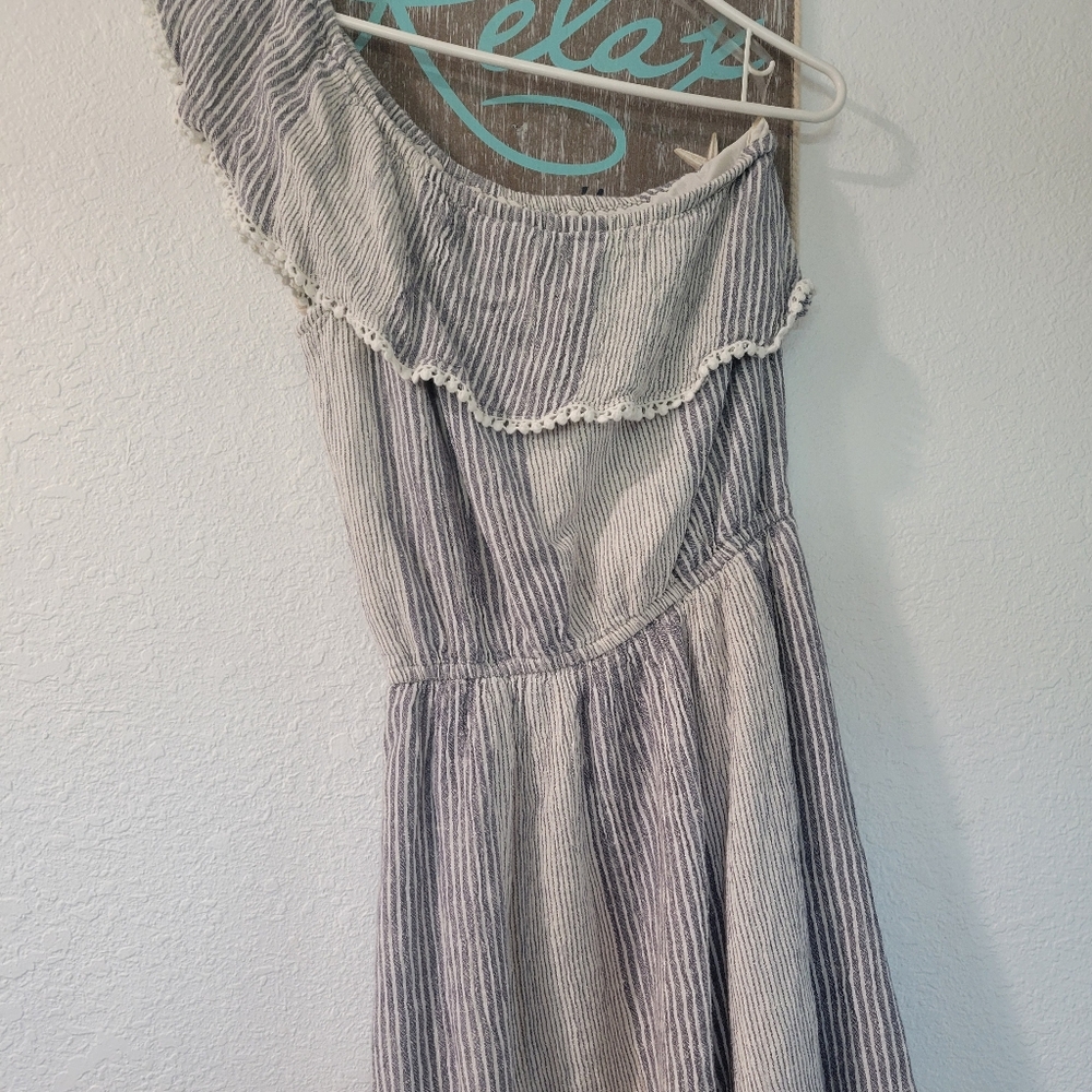 Striped blue/white Dress with Ruffled Neckline